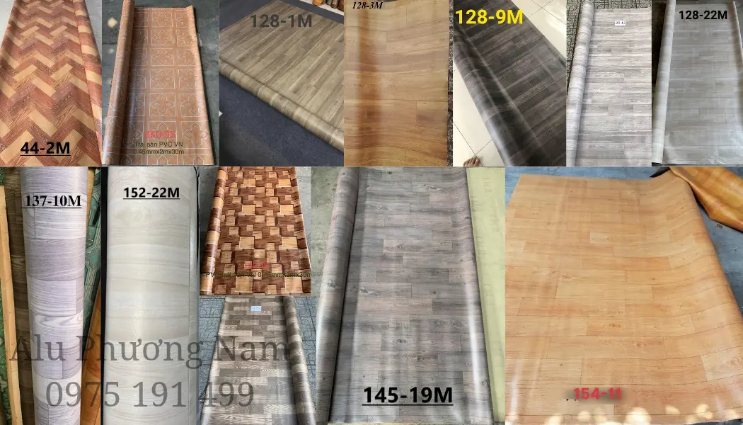 Tổng hợp các mẫu simili lót sàn giả gỗ, đa dạng vân gỗ và màu sắc tại kho Alu Phương Nam.